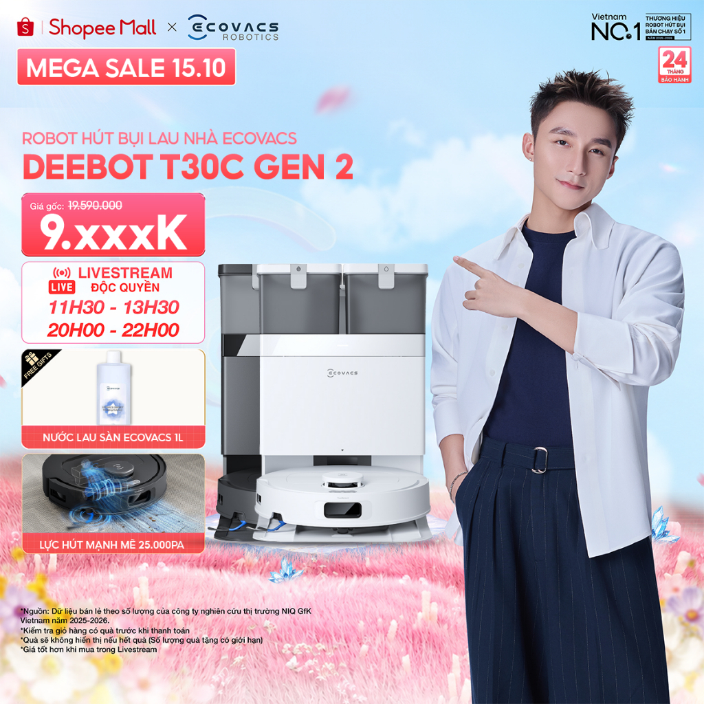 Ecovacs Deebot T30C Gen 2 Robot hút bụi lau nhà | Lực hút 25.000Pa | Giặt giẻ nước nóng 75°C | Bảo hành 24 tháng