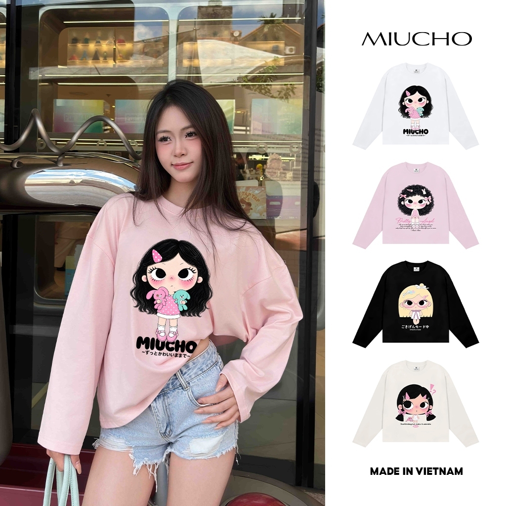 Áo thun nữ tay dài form boxy BST hoạt hình dễ thương Miucho style Hàn Quốc chất thoáng mát