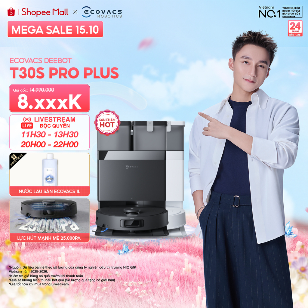 Ecovacs Deebot T30S Pro Plus Robot hút bụi lau nhà | Lực hút 25000Pa | Chống rối ZeroTangle 3.0 | Bảo hành 24 Tháng