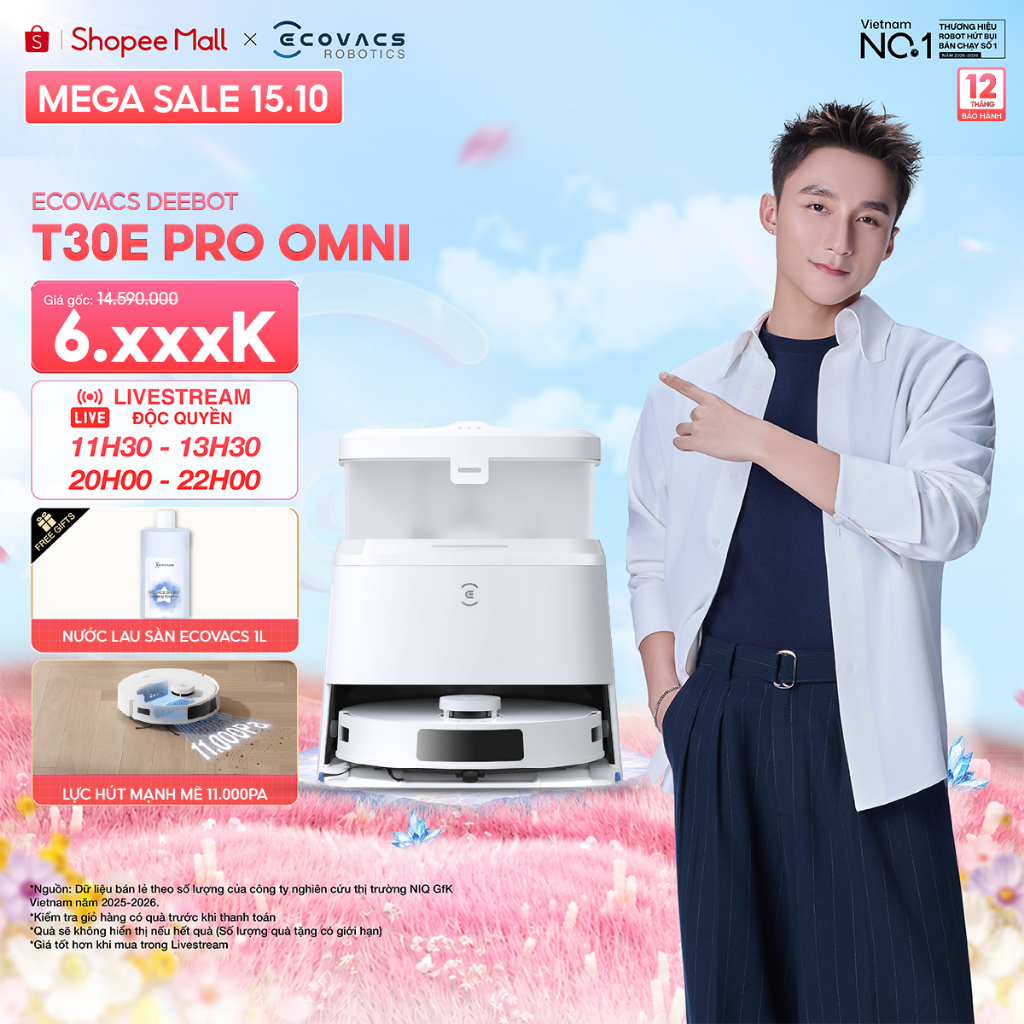 Ecovacs T30e Pro Omni Robot hút bụi thông minh | lực hút 11.000Pa | Tự động giặt giẻ bằng nước nóng 70°C | BH 12 tháng