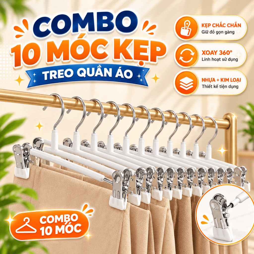 Combo Móc kẹp quần áo LUXHOME chất liệu thép không gỉ chống trơn trượt,  móc kẹp quần, tất vớ