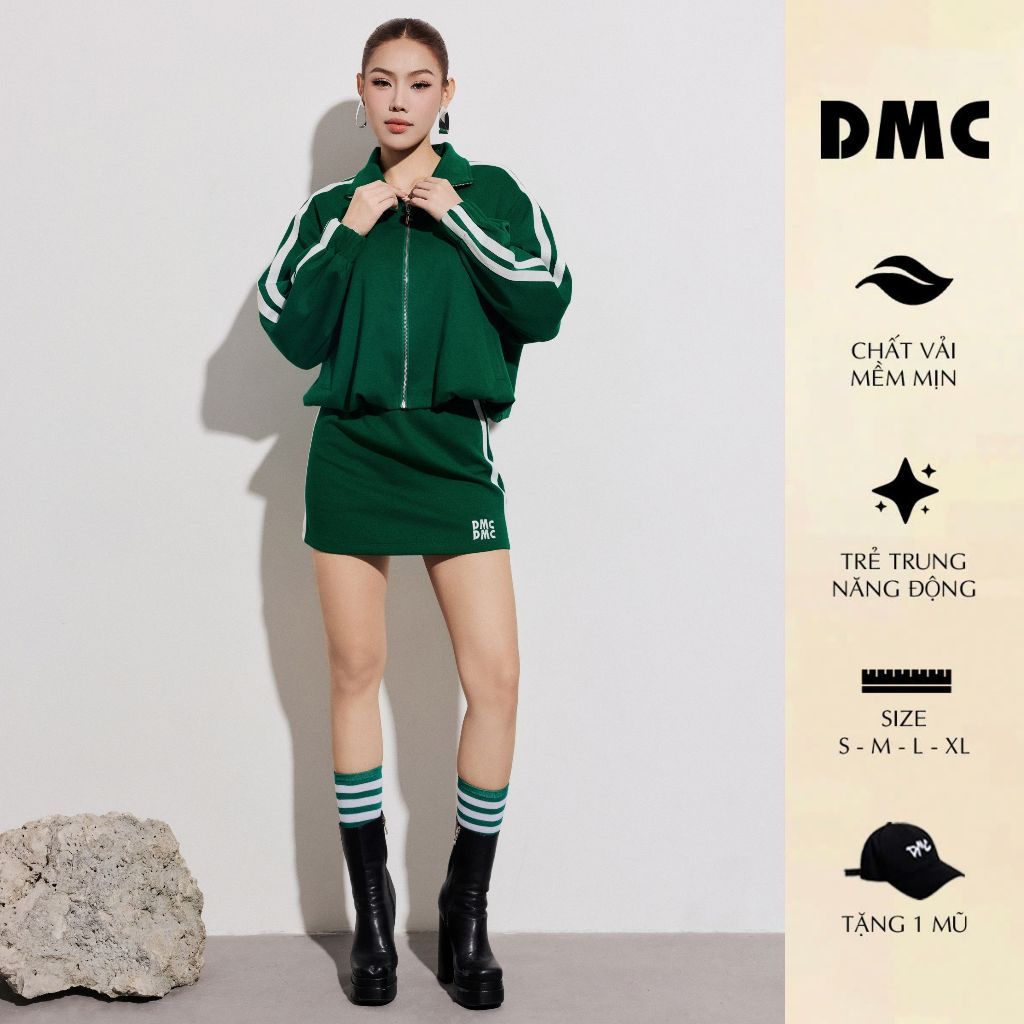 [BST Thu đông] DMC Set Bộ Áo Khoác Dệt Kim Chân Váy Ngắn Chữ A Thêu Logo - Green Knit Jacket And Mini Skirt EC2