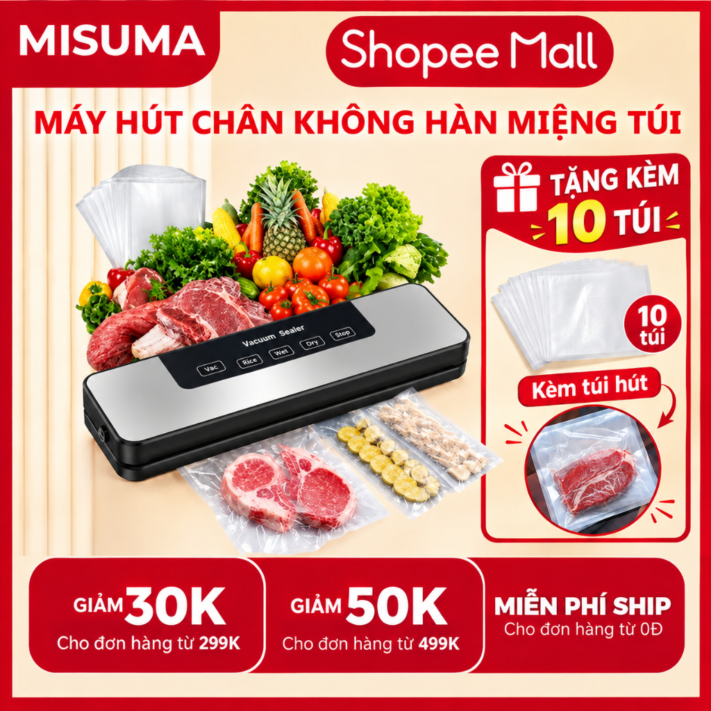 Máy Hút Chân Không Hàn Miệng Túi Khử UV Tự Động Đồ Ăn Thực Phẩm Đa Năng Khô Ướt Công Suất 65000Pa
