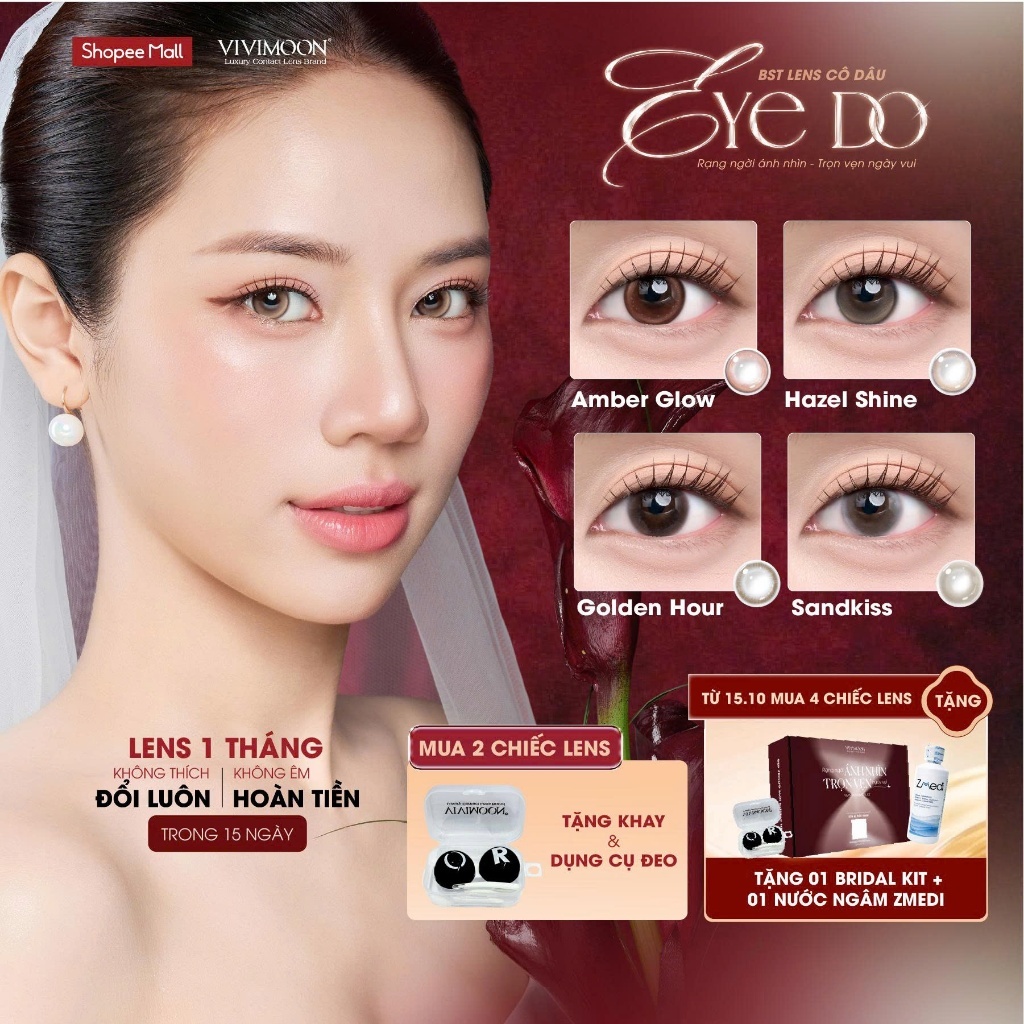 Lens 1 tháng khóa ẩm VIVIMOON, lens cô dâu, chụp ảnh cưới, kính áp tròng màu độ cận 0 - 8, Dia 14.2 mm