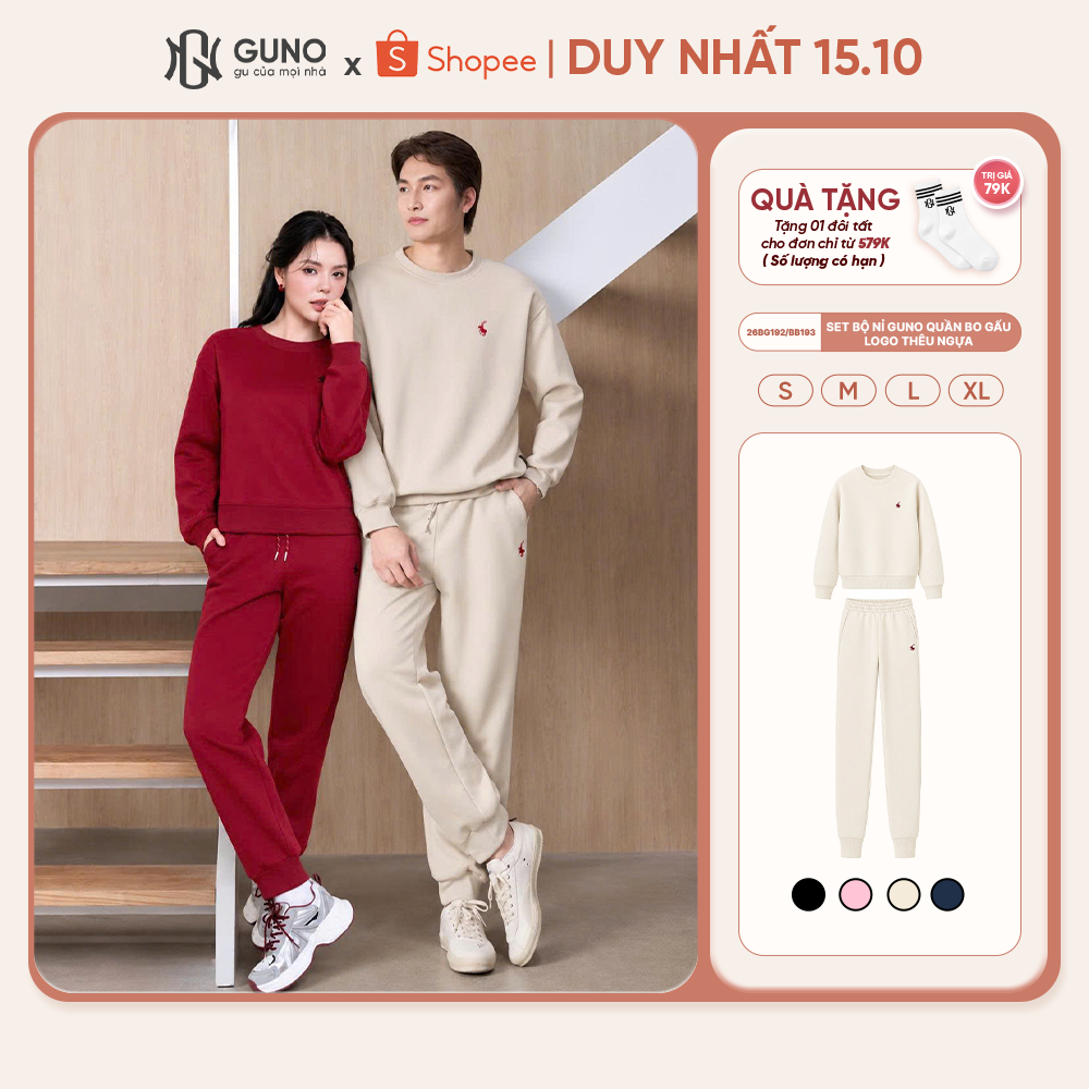 Bộ Quần Áo Nỉ Nam Nữ GUNO Cổ Tròn Thêu Ngựa Quần Bo Gấu Set Bộ Thu Đông Thời Trang SP5 26BG192/BB193