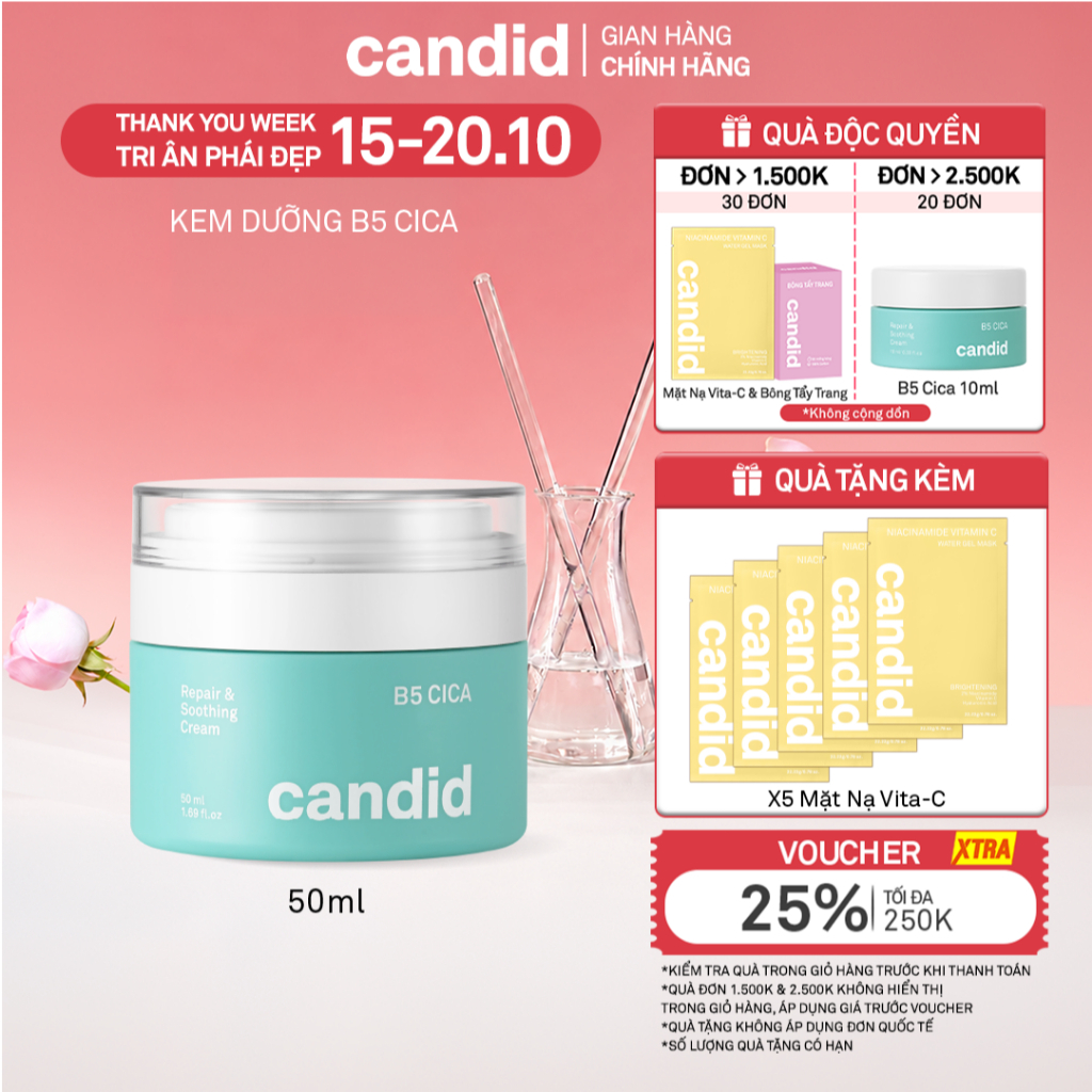 Kem dưỡng ẩm phục hồi Candid B5 Cica Repair and Soothing Cream 50ml