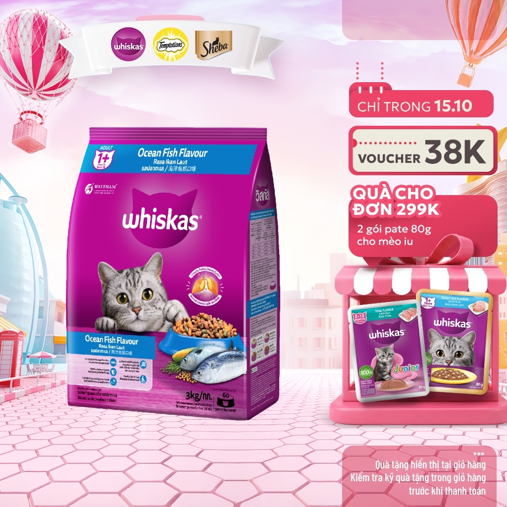 WHISKAS Thức Ăn Cho Mèo Trưởng Thành Dạng Hạt vị Cá Biển - 3kg