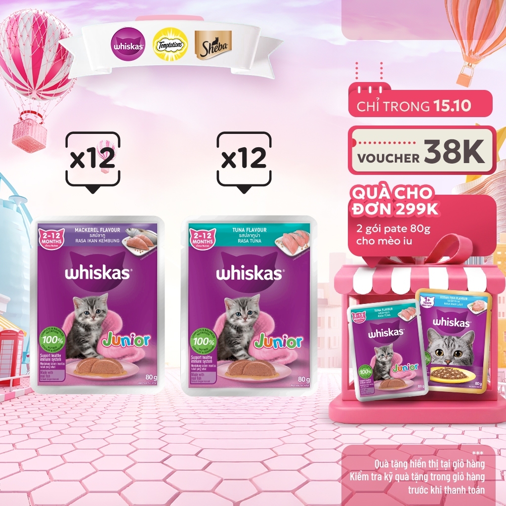 Thức ăn cho mèo con WHISKAS Junior dạng sốt – túi 80g, 24 gói