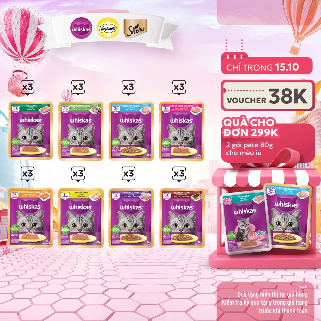 Thức Ăn Dạng Sốt Cho Mèo Trưởng Thành WHISKAS Mix 8 Vị - 80g (24 Túi)