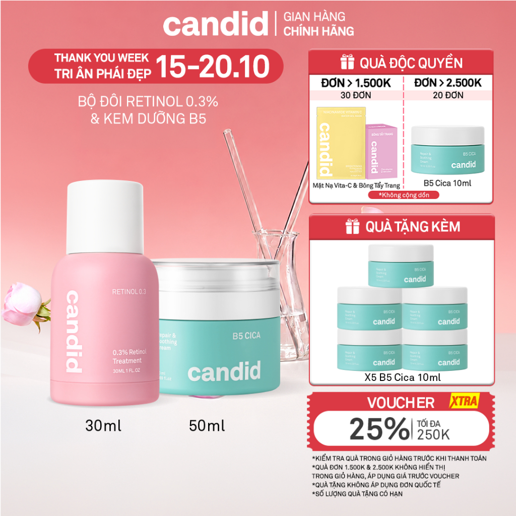 Bộ Đôi Hỗ Trợ Cải Thiện Và Phục Hồi Làn Da Candid Retinol 0.3 % 30ml & Kem Dưỡng B5 Cica 50ml
