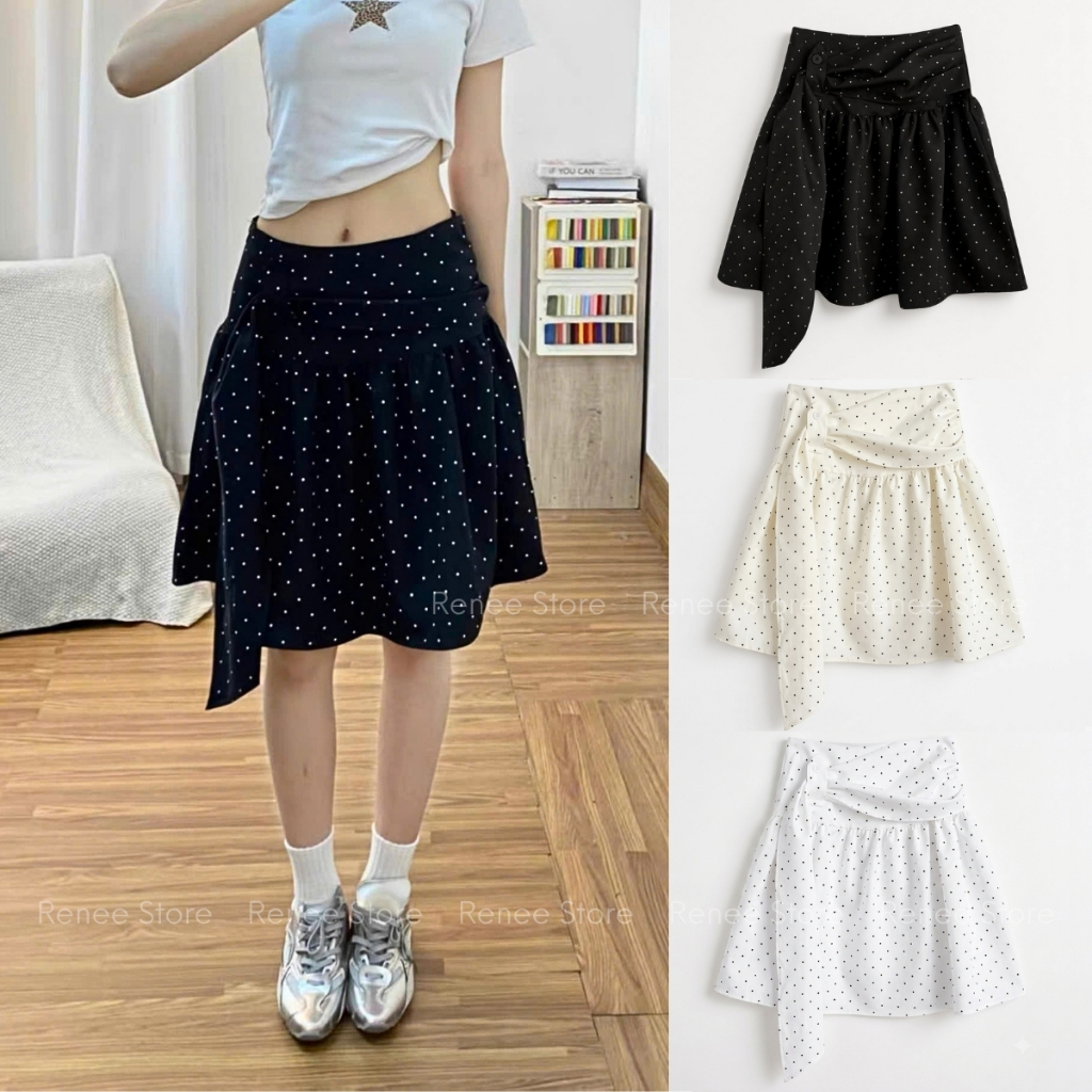 Chân váy lửng chấm bi kèm vạt cài cúc kiểu Nhật khóa giọt lệ 2 lớp Renee Store - V555