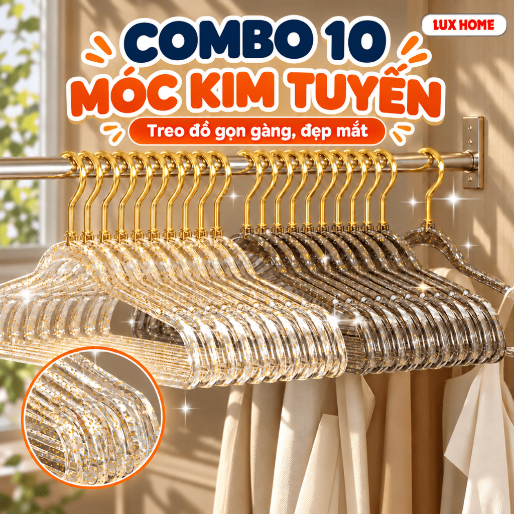 Combo 10 móc treo quần áo trong suốt, mắc quần áo kim tuyến chống trượt đầu móc xoay 360 độ đa năng