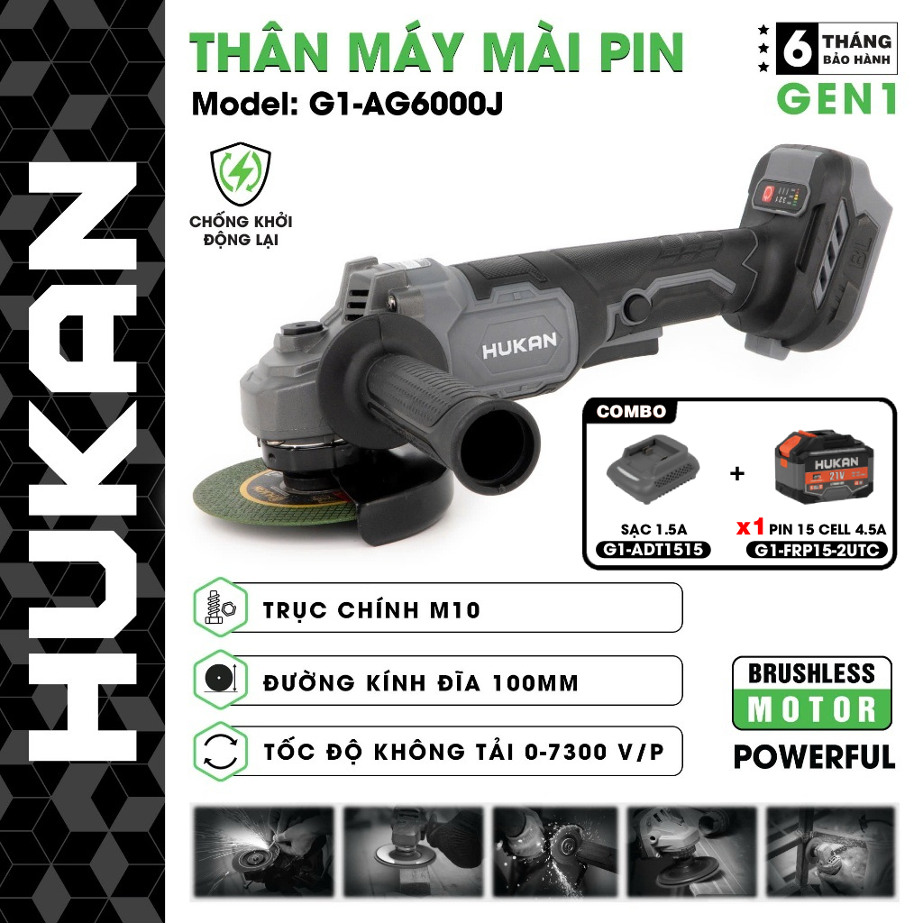 Máy mài pin HUKAN G1-AG6000J, Không chổi than 3 Tốc độ 7300v/p Công tắc bụng