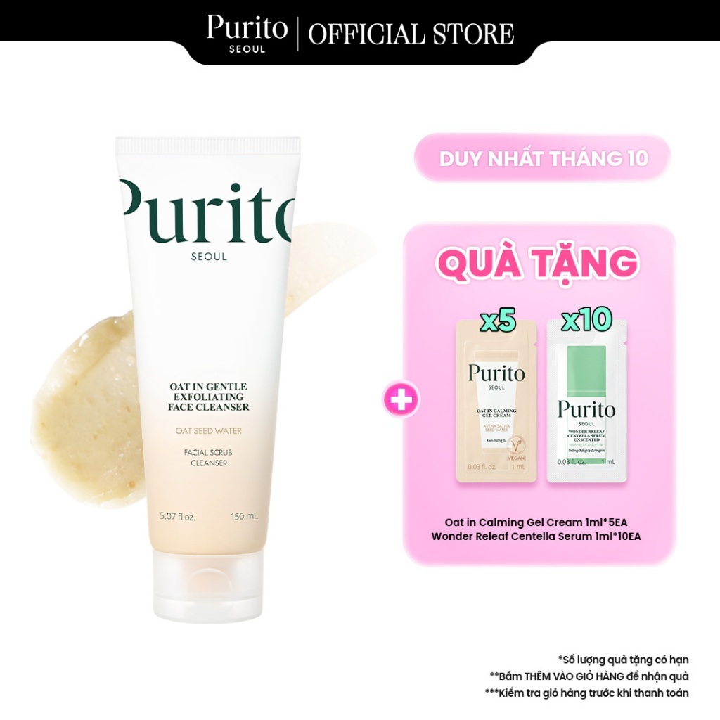 Sữa rửa mặt làm sạch dịu nhẹ, an toàn cho da mụn nấm PURITO Oat In Gentle Exfoliating Face Cleanser 150ml