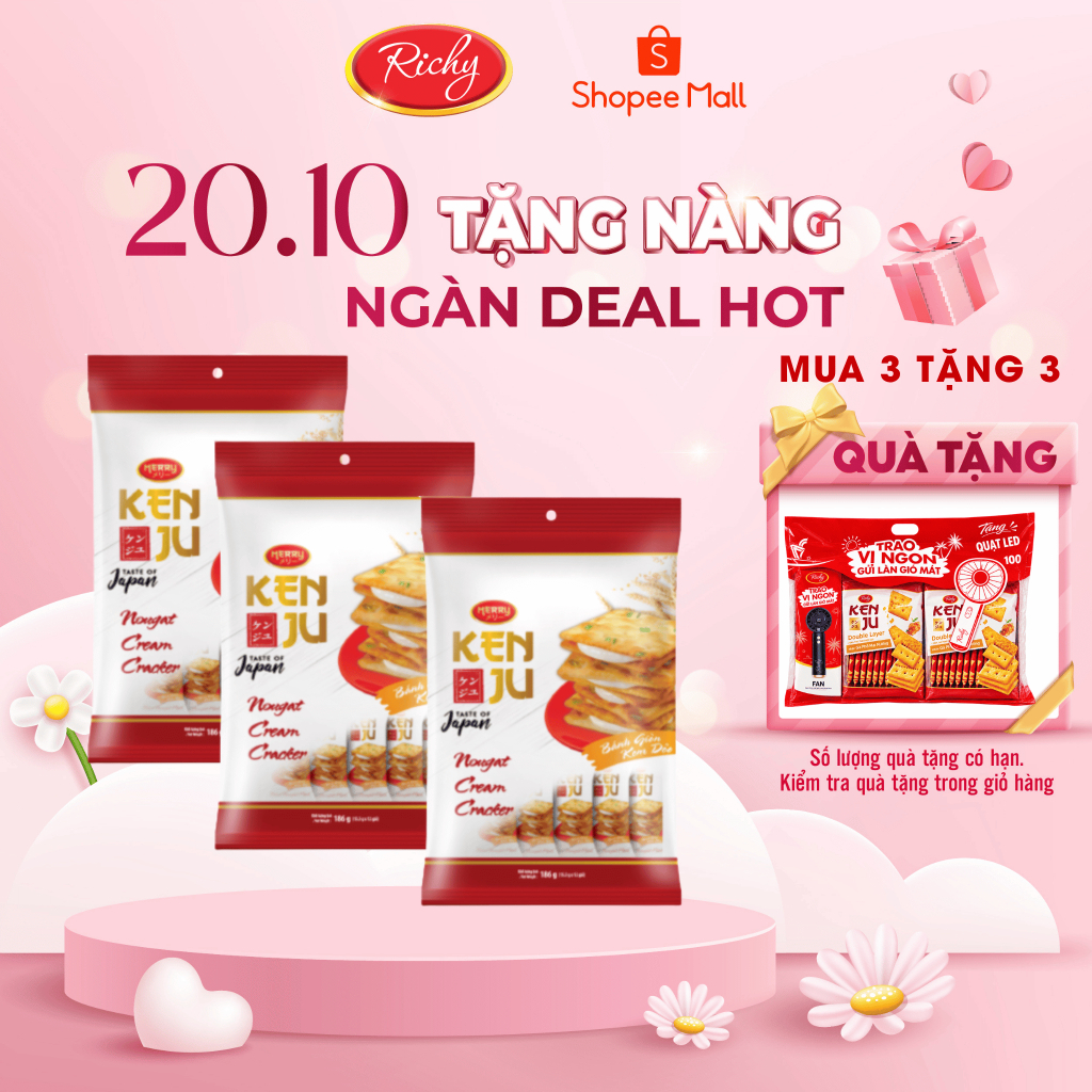 [TẶNG QUÀ ĐƠN TỪ 135K]  Combo 3 Bịch Kenju kem dẻo 186G, bánh kẹo Richy