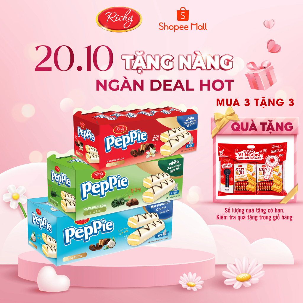 [MUA 3 TẶNG 3 QUÀ] [HOT]Combo 3 mix vị Bánh phủ socola Peppie Richy vị Dưa lưới/Vani cốm/Caramen, loại khay 360g