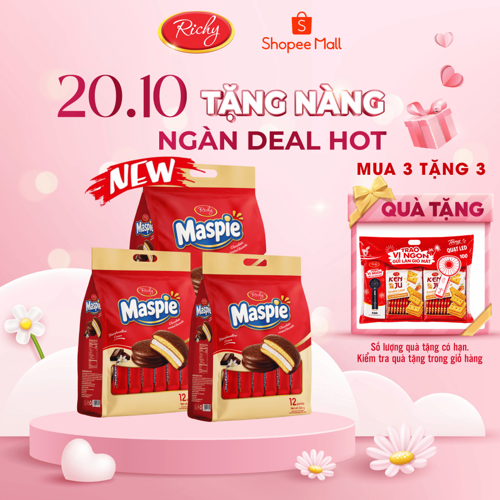 [NEW][MUA 3 TẶNG 3] COMBO 3 Bánh Pie Giòn Maspie Richy Nhân Marshmallow Phủ Chocolate 336g – 12 Gói