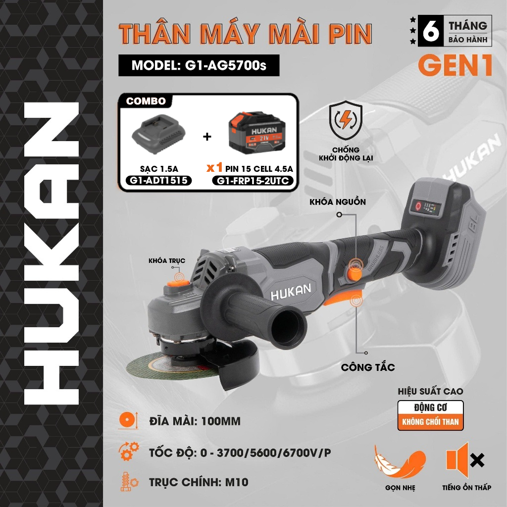 Máy mài pin HUKAN G1-AG5700s, Không chổi than 3 Tốc độ Công tắc bụng, CHỐNG KHỞI ĐỘNG LẠI
