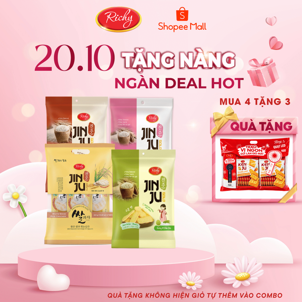 [MUA 4 TẶNG 3]  Tổng 4 gói bánh gạo Hàn Quốc Jinju Richy vị cốm sữa ganjang mật ong và bò nướng tiêu