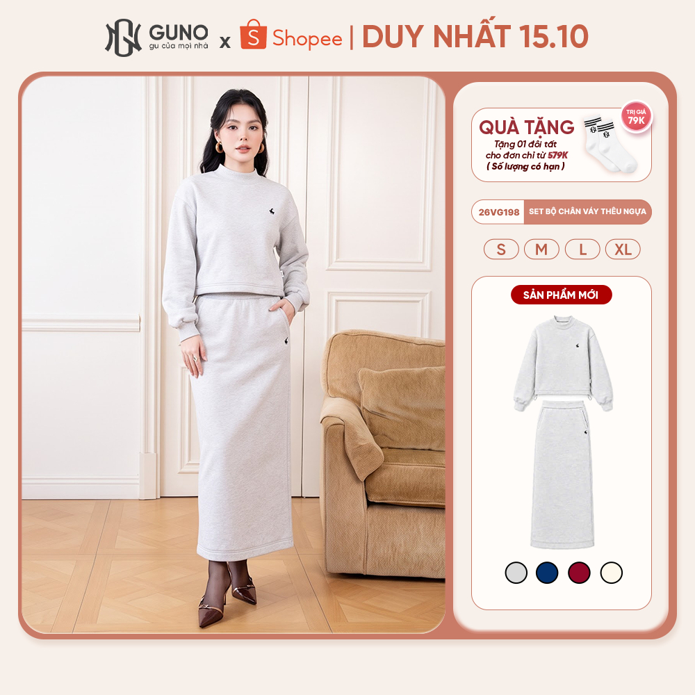 Set Váy Nỉ Nữ GUNO Dáng Dài Cao Cấp Thêu Ngựa Cổ Tròn Bo Viền Phối Chân Váy Suông Thu Đông 26VG198