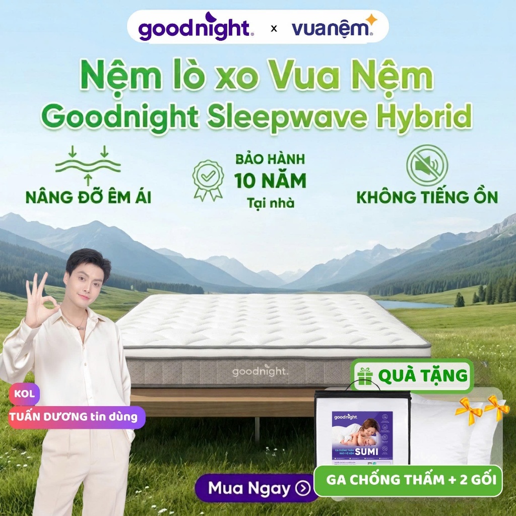 [14-15/10 TẶNG GA CHỐNG THẤM+GỐI] Nệm Lò Xo Túi Độc Lập Vua Nệm Goodnight Sleep Wave Hybrid, Đệm Lò Xo Khách Sạn 20cm