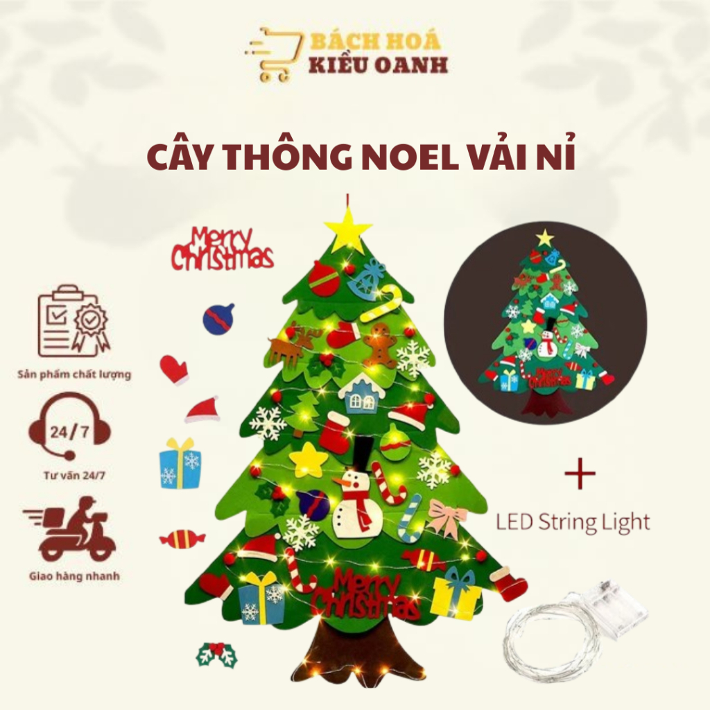Cây thông Noel vải nỉ DIY tự trang trí 32 chi tiết kèm đèn LED cho bé, dùng bền đẹp nhiều năm
