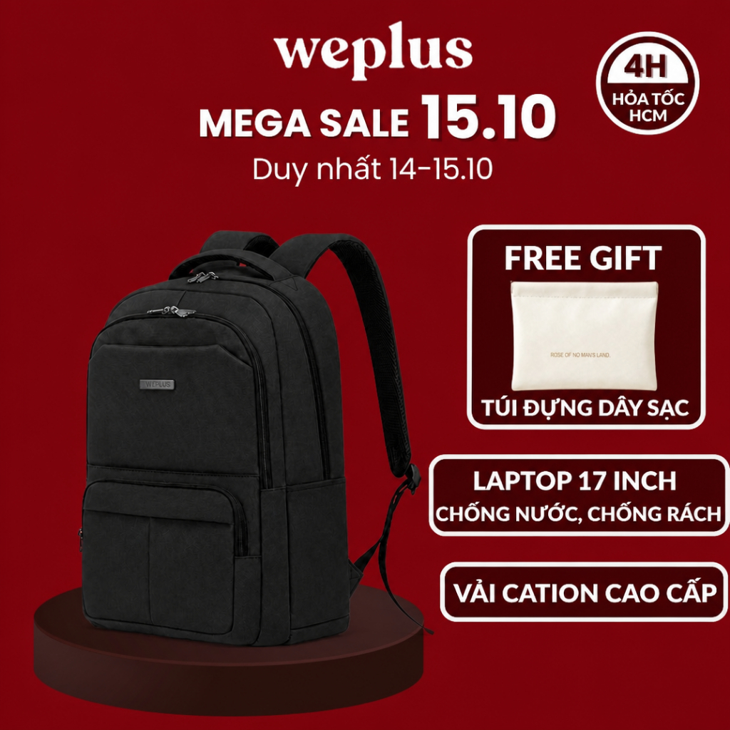 Balo Du Lịch Weplus 17 inch Chống Nước Đựng Laptop Thiết Kế Công Thái Học Ôm Sát Không Đau Lưng WPB2021