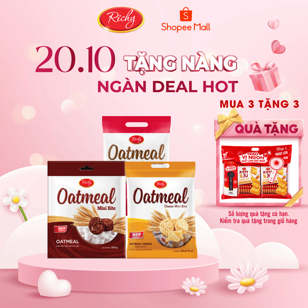 [MUA 3 TẶNG 3]  Combo 3 Bánh Yến Mạch Oatmeal Richy 2 Vị, Sữa, Phô Mai Túi 220g-250g