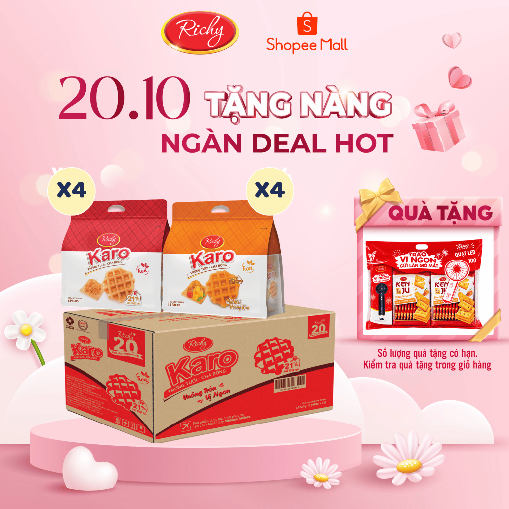 [TẶNG QUÀ ĐƠN TỪ 250K]Combo 8 bịch Bánh Karo chà bông sợi gà, Bánh tươi, Bánh kẹo Richy