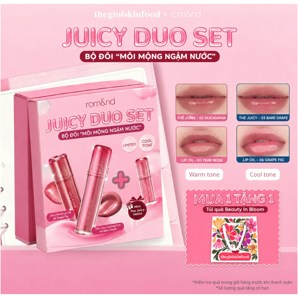 Bộ 3 Sản Phẩm Romand Juicy Duo Set | Son The Juicy Lasting Tint + Juicy Lip Oil + Mini | Cool/Warm Tone TheGioiSkinFood