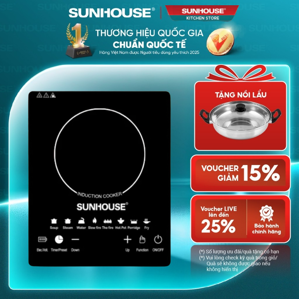 Bếp Từ SUNHOUSE 2200W Cảm Ứng Kèm Nồi Inox Thiết kế gọn nhẹ, dễ vệ sinh