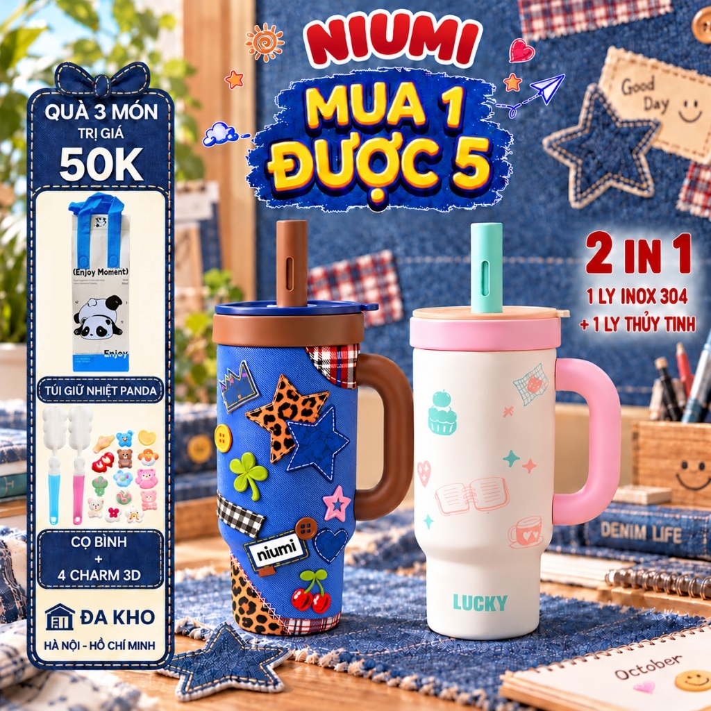 Ly giữ nhiệt 900ml NIUMI có ống hút, tay cầm - Ly DOFI 2 trong 1 Inox 304 + thủy tinh Borosilicate