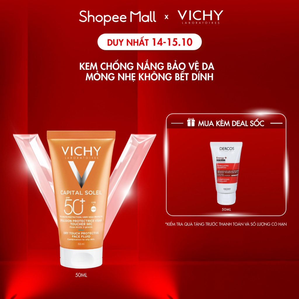 Kem chống nắng bảo vệ da mỏng nhẹ không bết dính SPF 50+ UVA & UVB Vichy Capital Soleil Dry Touch