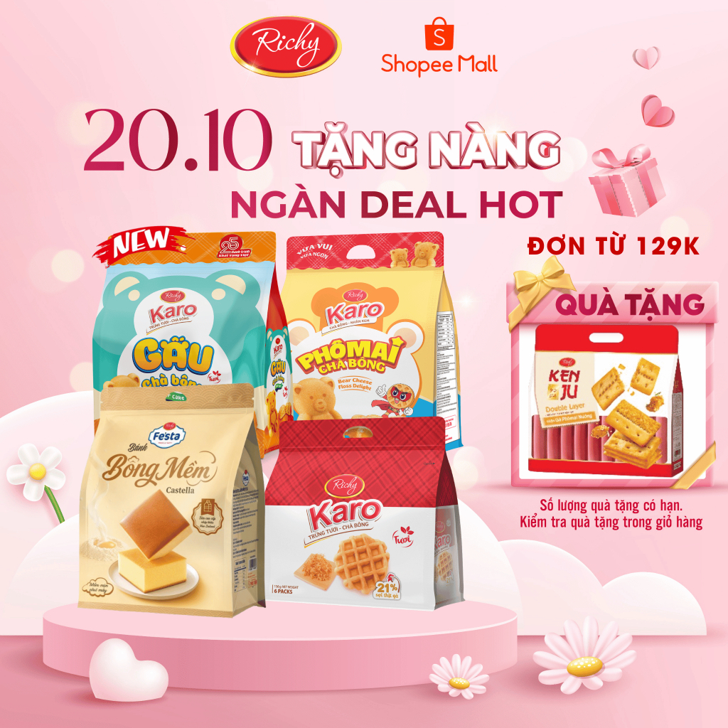 [TẶNG QUÀ ĐƠN TỪ 129K] Combo 4 bịch bánh Karo Richy trứng tươi chà bông sợi gà, phô mai hoàng kim
