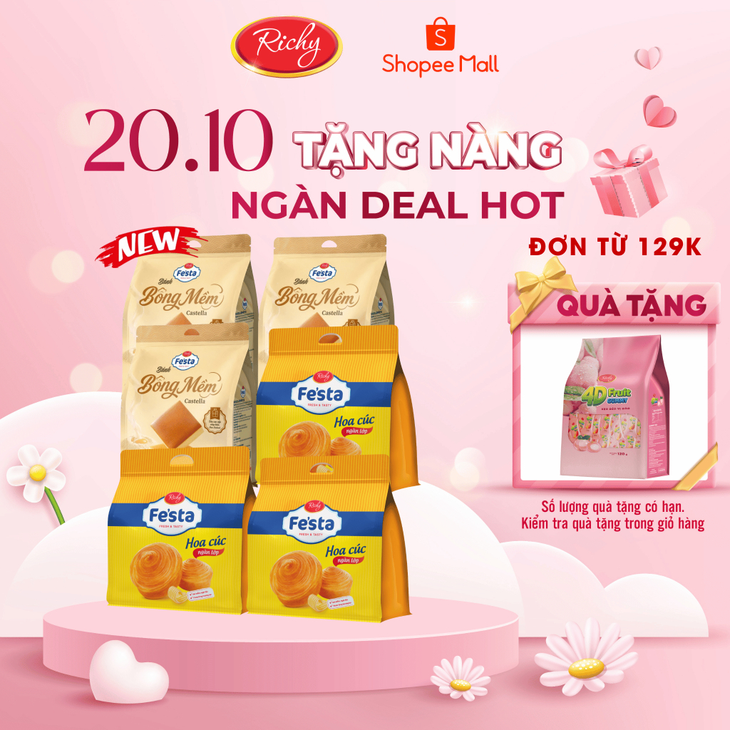 [TẶNG QUÀ ĐƠN TỪ 129K] Combo 6 Bánh mì hoa cúc ngàn lớp, Bánh mì Lụa Fe'sta Richy, HSD 35 ngày từ NSX