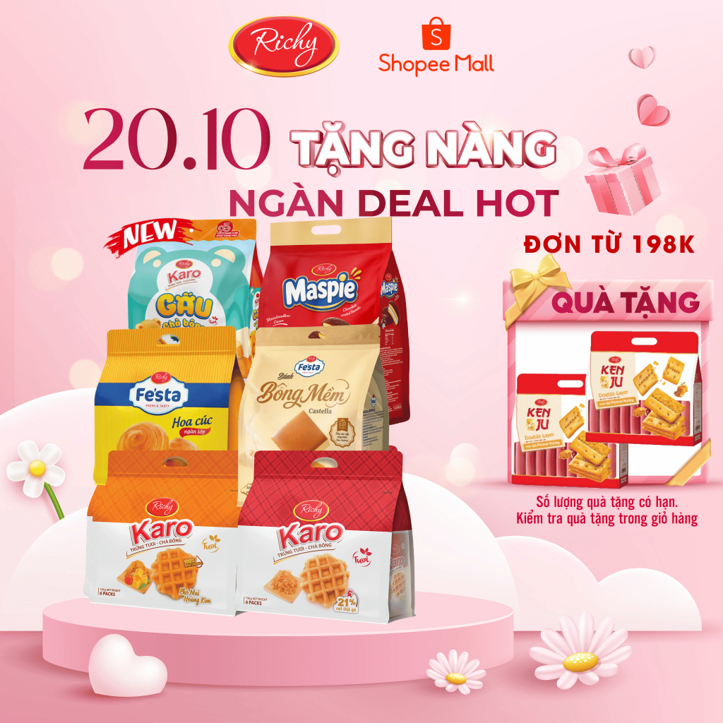[ TẶNG 2 QUÀ ĐƠN TỪ 198K] Combo 6 bịch bánh Karo Richy trứng tươi chà bông và phô mai hoàng kim, HSD 45 ngày