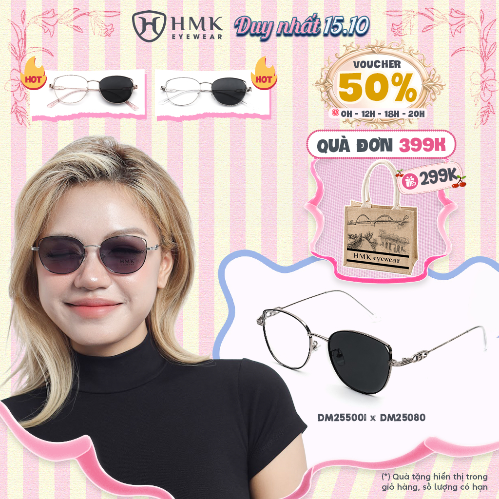 Kính Đổi Màu Chống UV HMK Eyewear Dáng Mắt Mèo Kim Loại Thời Trang Mỏng Nhẹ - DM255001xDM25080