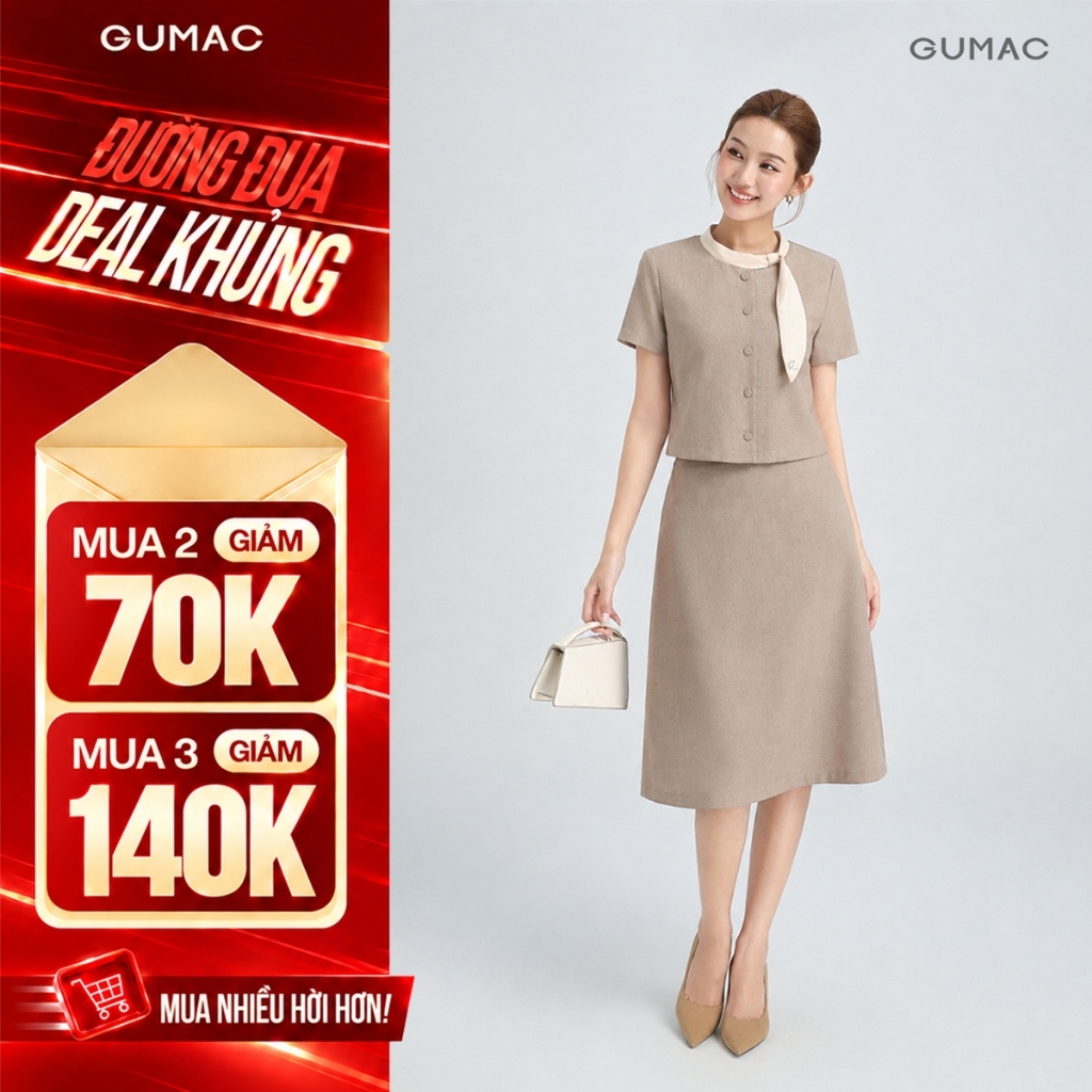 [VOUCHER 70K] Set Lẻ Công Sở GUMAC Áo Kiểu Cổ Phối Cách Điệu LAF0913 - Chân Váy Chữ A 2 Lớp LVF0917