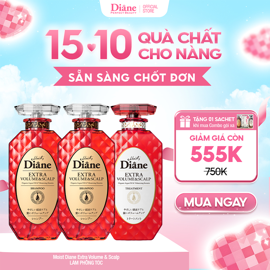 Bộ 2 gội 1 xả làm phồng tóc mỏng thưa xẹp dầu bết phục hồi mượt tóc Moist Diane Extra Volume & Scalp