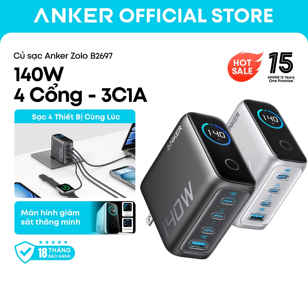 Bộ sạc nhanh Anker Zolo B2697 140W GaN, 4 cổng 3 USB-C và 1 USB-A, sạc cùng lúc 4 thiết bị