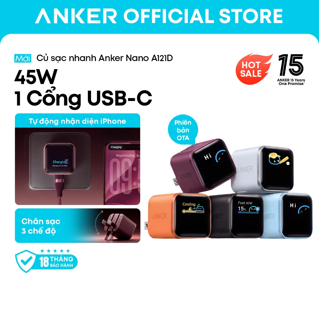 Củ sạc nhanh Anker Nano A121D 45W, thiết kế chân gập, sạc nhanh iPhone 17/16/Samsung A121D