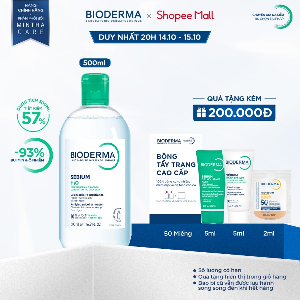 Dung dịch làm sạch và tẩy trang công nghệ Micellar cho da hỗn hợp, da dầu, và da mụn Bioderma Sebium H2O - 500ml
