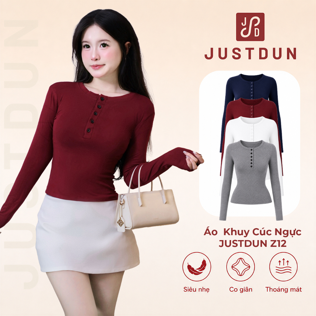 Áo Thun Nữ Dài Tay JUSTDUN Z12 -Thiết Kế Khuy Cúc Ngực, Cotton Mịn Êm Ái, Ôm Dáng, Co Giãn Thoải Mái