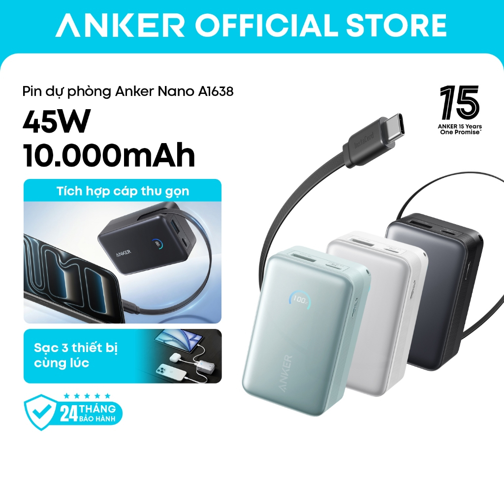 SDP Anker Nano 10.000mAh | Sạc nhanh 45W | 2 cổng 1C1A | Tích hợp cáp USB-C rút gọn | Sạc 3 thiết bị - A1638