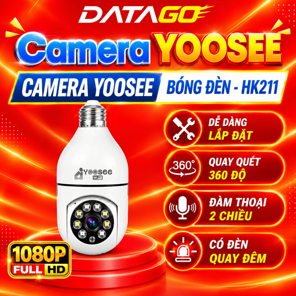Camera wifi YOOSEE chui bóng đèn 1 mắt HK211 full HD xoay 360 độ,hỗ trợ hồng ngoại & flash màu quay đêm
