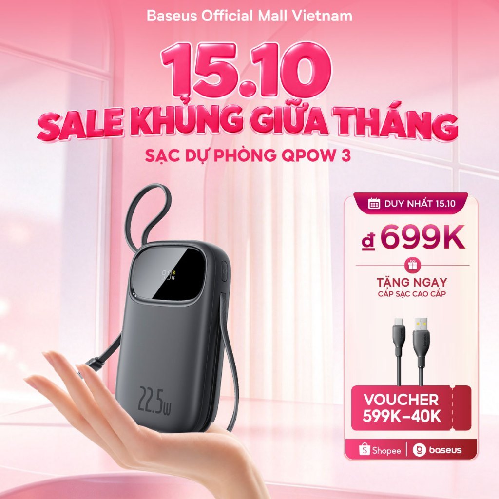 [CCC-MỚI VỀ] Sạc dự phòng Baseus Qpow3 20000mAh/10000mAh PD22.5W Màn Số LED Cáp Kép Sạc Nhanh 2 Thiết Bị