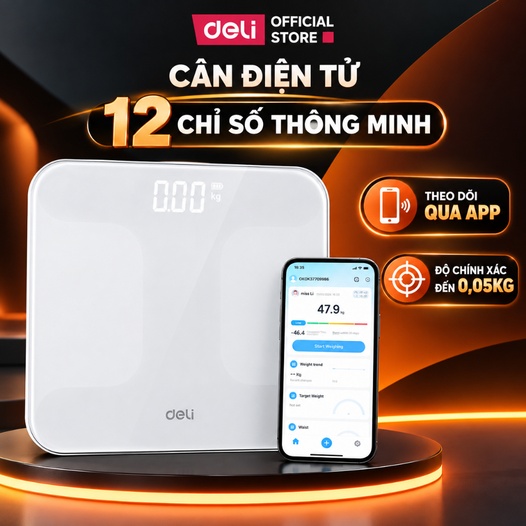 [🔥GIẢM 40K] Cân Sức Khỏe Điện Tử Thông Minh Deli Cân Chỉ Số có App kết nối Bluetooth theo dõi phân tích 12 chỉ số cơ thể