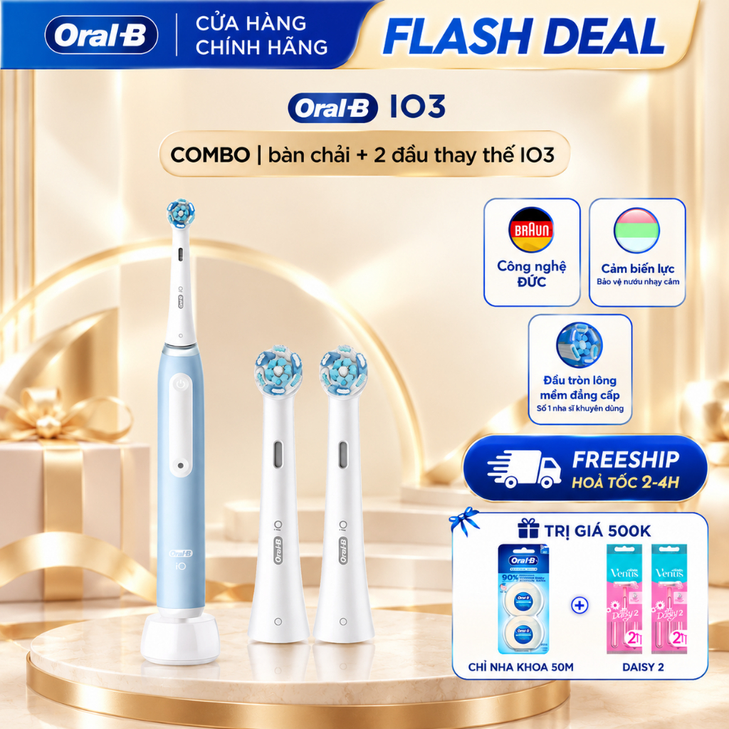 [Mua 1 Tặng 2] Bàn Chải Đánh Răng Điện Oral B Chính Hãng iO3 Tặng 2 Đầu Thay Thế cho răng niềng, răng nhạy cảm nhập Đức