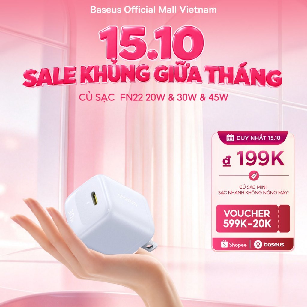 Củ Sạc Nhanh Baseus EnerFill FN22 20W & 30W & 45W GaN USB-C PD 3.0 – Nhỏ Hơn 30%, Sạc Nhanh Gấp 176% Vẫn Mát Lạnh
