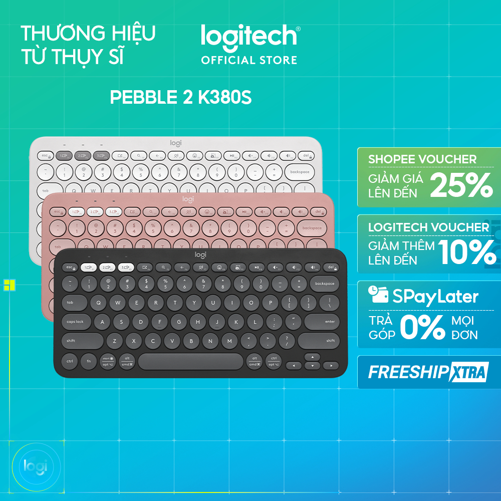 Bàn phím Bluetooth Logitech K380s Pebble 2 - Đa thiết bị, Phím tắt tùy chỉnh, Mỏng nhẹ, Easy-Switch